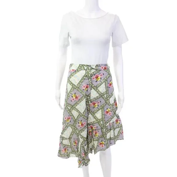 Playa Lucila Womens Button Front Floral Midi A Line Skirt White Multi Size Small