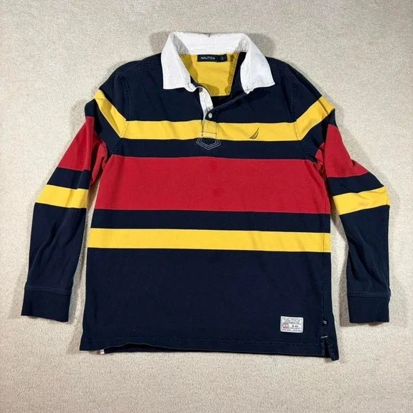 Nautica Rugby Shirt Mens‎ Large Blue Red Yellow Striped Long Sleeve Polo Vintage