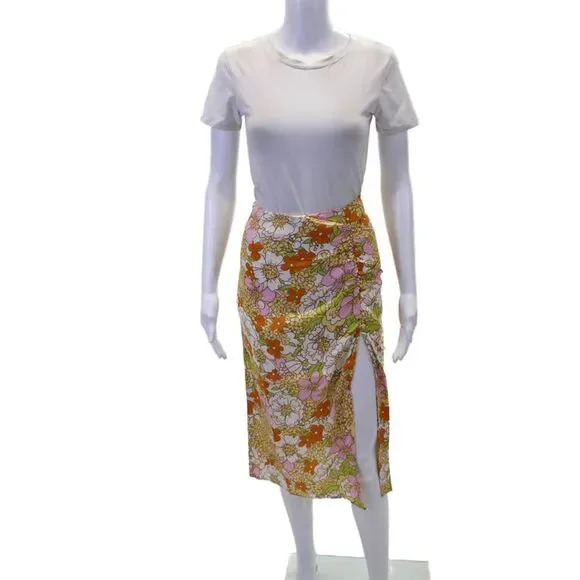 Rahi Womens Floral Print Ruched Side Split Mid-Calf Skirt Multicolor Size S