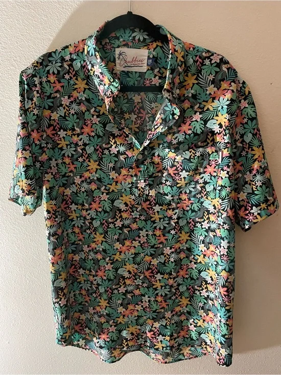 chubbies Black Floral Button-Down Shirt with Green, Pink, Yellow Accents
