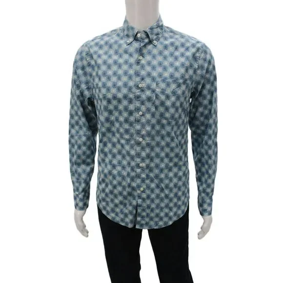 J Crew Mens Cotton Geometric Collared Long Sleeve Button-Down Shirt Blue Size S