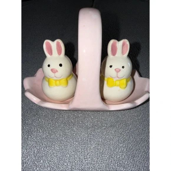 Bunny Salt‎ & Pepper Shakers with Basket Holder