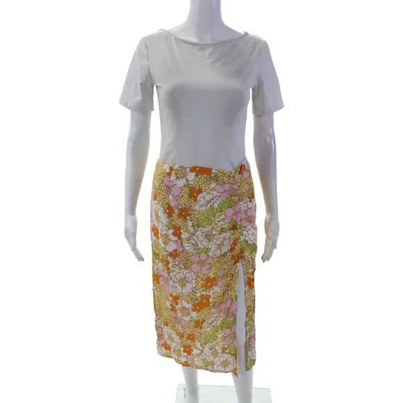Rahi Womens Back Zip Floral Front Slit Midi Skirt White Multi Size Small
