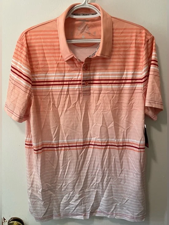 Flag & Anthem Men’s Striped Golf Polo Shirt Short Sleeves Coral White Red Medium