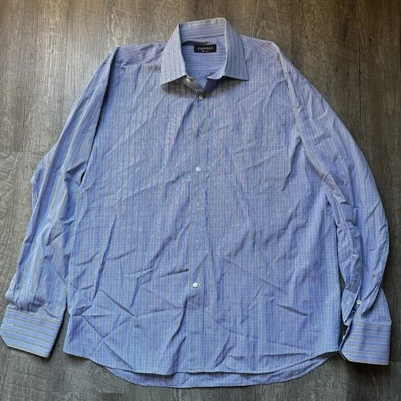 Canali Shirt Mens 43 17 Blue Plaid Dress Long Sleeve Button Front Italy‎ Cotton
