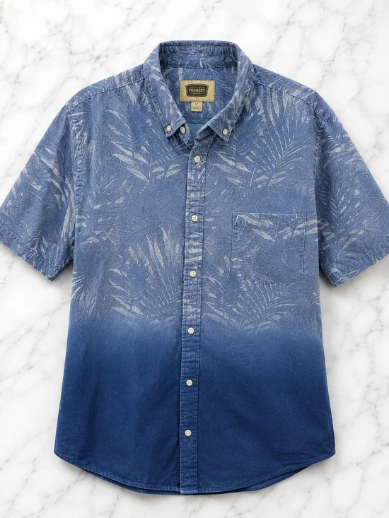 The Foundry Supply Co. Short-Sleeve Button-Down Palm Print Shirt - Blue Ombre