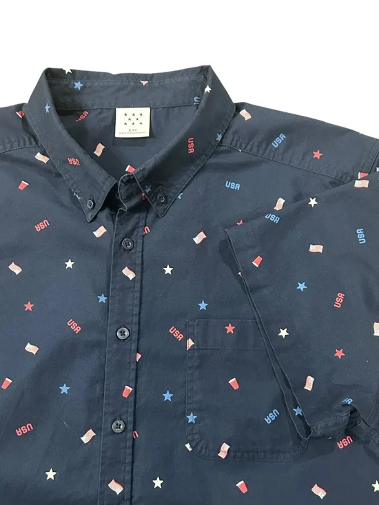 Patriotic July 4th Navy Short-Sleeve Button-Down Shirt‎