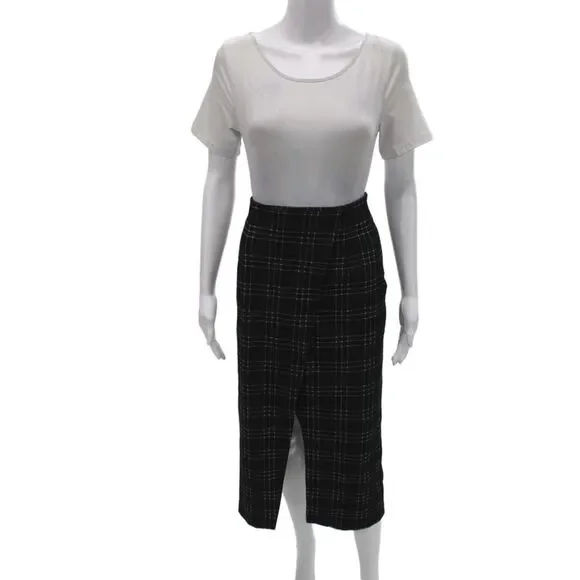 M.M. Lafleur Womens Plaid Midi Wrap Pencil Skirt Black Cotton Polyester Size 6