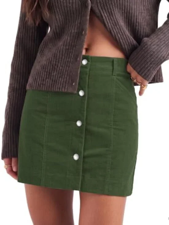 Corduroy Short Skirt Women Button High Rise A-Line Stretchy Lounge