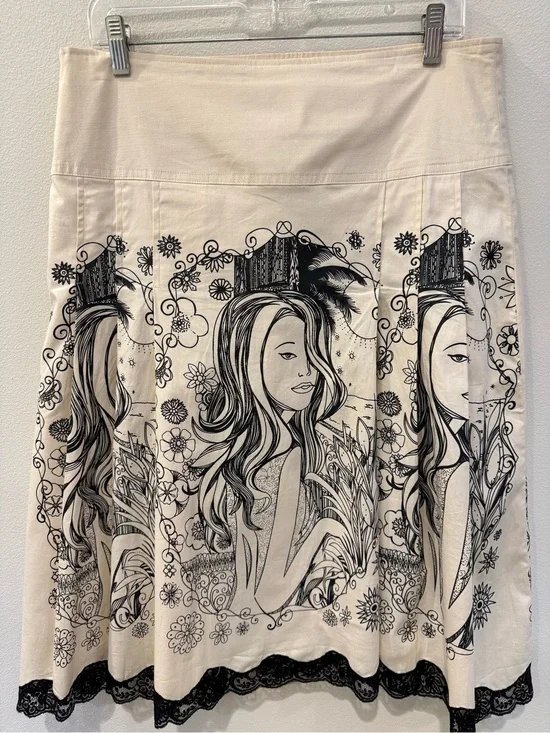 Romy Cream A-Line Skirt with Black Illustrated Panel and Lace