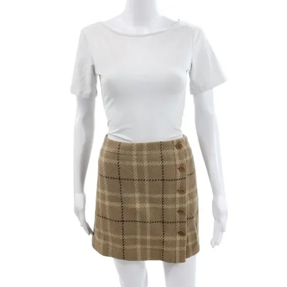 J Crew Womens A-Line Mini Beige Plaid Wool Rayon Skirt Size 4