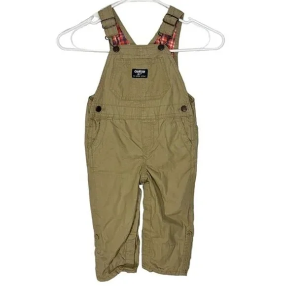 Oshkosh B'gosh Tan with Pink Plaid‎ Girls Toddlers Overalls Size 18M