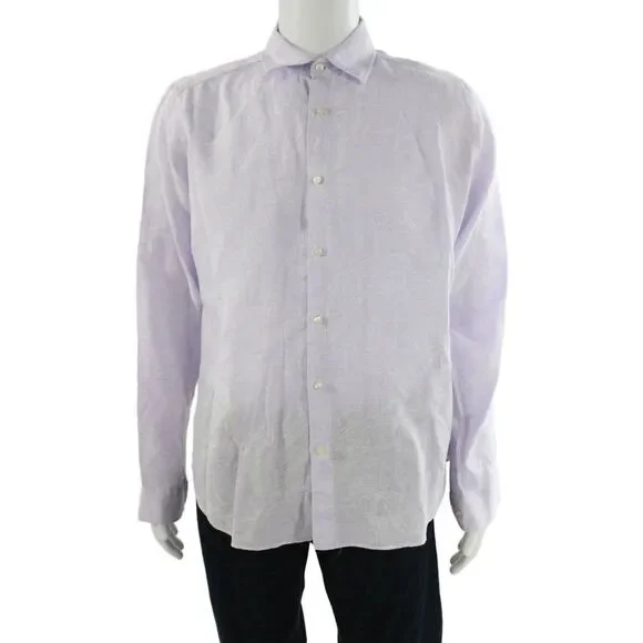 Etro Mens Purple Paisley Linen Button-Up Long Sleeve Collared Shirt Size L