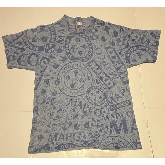 Vintage 90s Fruit of the‎ Loom MAPCO AOP T Shirt Blue Single Stitch Large