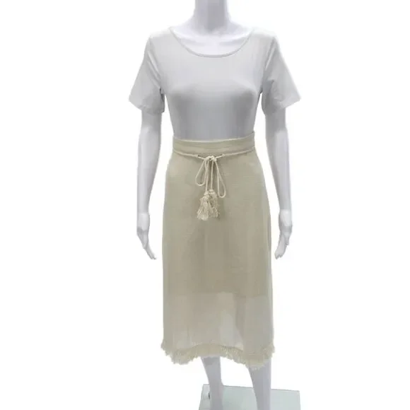 BCBGMAXAZRIA Womens Cream Knit Midi Skirt Underlayer Tassel Hem Zip Size M