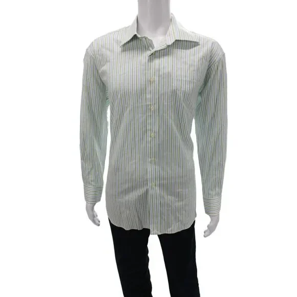 Ike Behar Mens Dress Shirt Blue Striped Cotton Collared Size 16