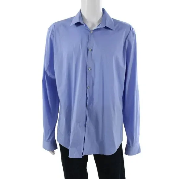 Calvin Klein Mens Classic Solid Blue Dress Shirt Collared Button Cuff Size 17