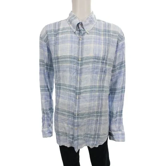 J. Mclaughlin Mens Linen Collar Plaid Long Sleeve Button Down Shirt Blue Size L
