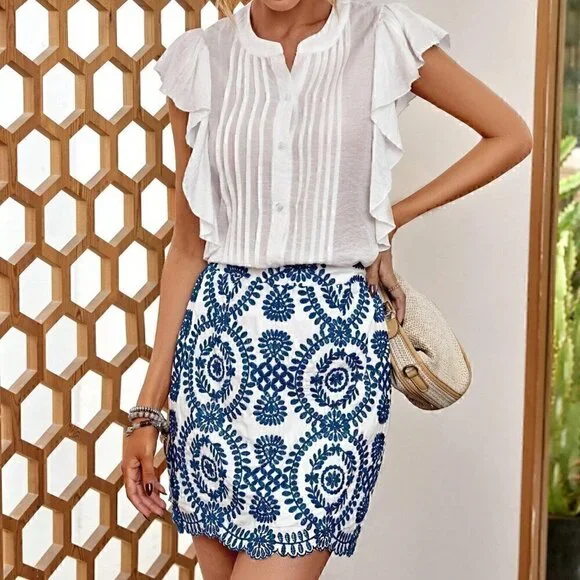 Blue And White Boho Womens Allover Print Scallop Trim Skirt