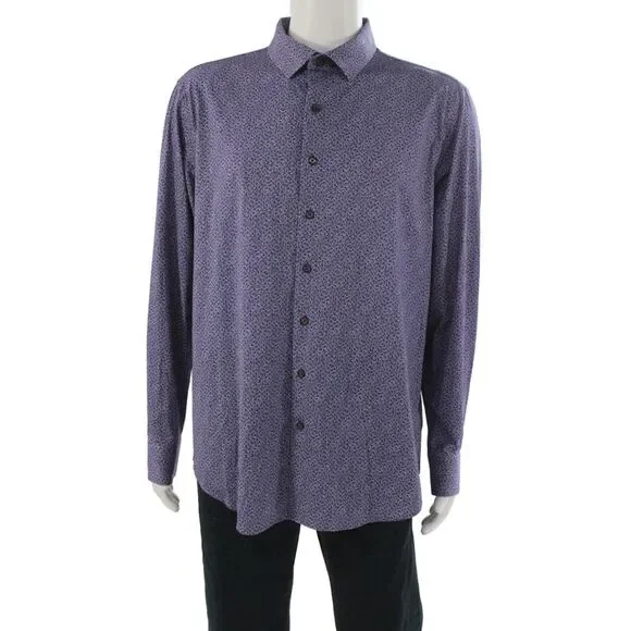 Bugatchi Mens Button Front Long Sleeve Collared Floral Shirt Purple Size XL