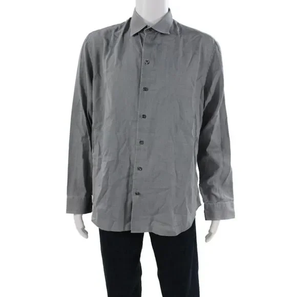 Armani Collezioni Mens Cotton Collared Button Up Top Gray Size XL