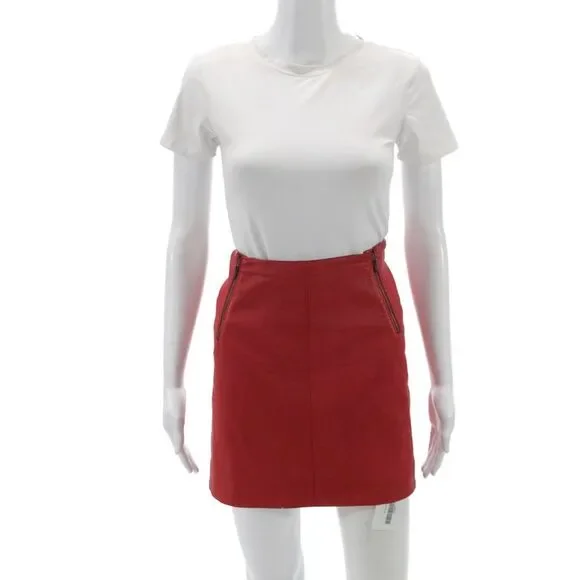 Theory Women Mini Lamb Leather Skirt Red Zip Classic Fall Size 10