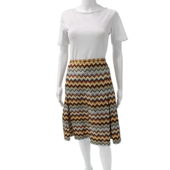 Per Se Womens A-Line Midi Silk Geometric Brown Skirt Size 12