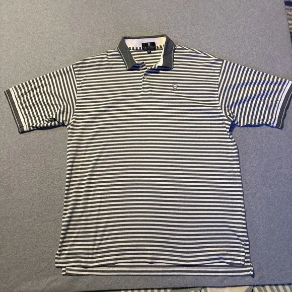 TWINHILL Golf Company Men's XL Gray White Striped Polo‎ Very Good Cond.