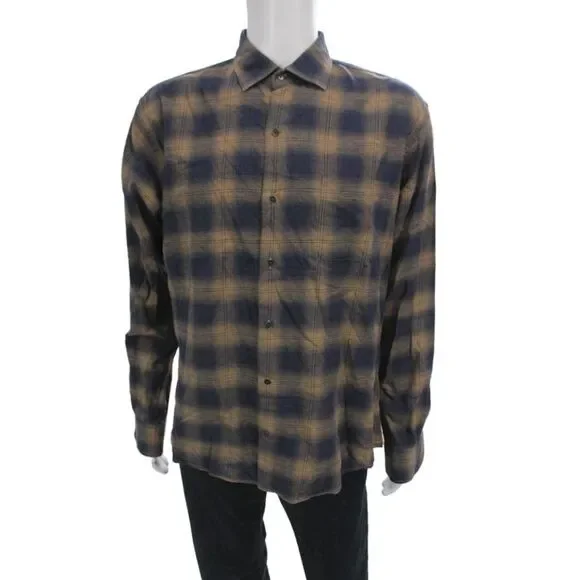 Peter Millar Mens Button Down Blue Plaid 100% Cotton Long Sleeve Size M