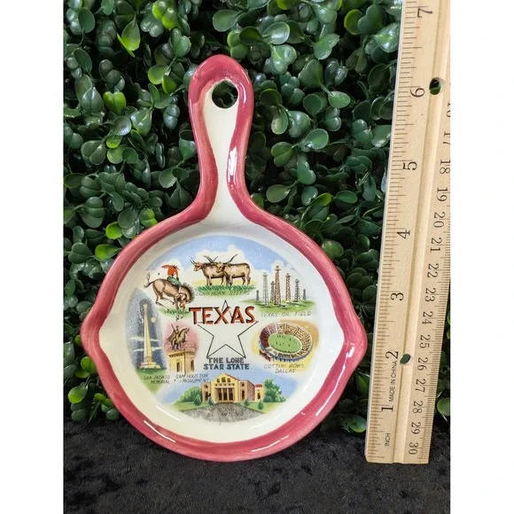 Vintage Texas Souvenir Ceramic Skillet Pink MCM Lone Star State Dish Wall Decor