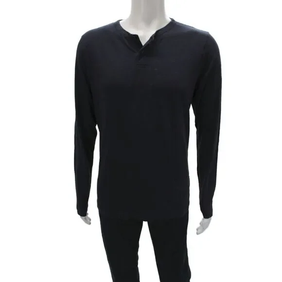 Theory Mens Band T-Shirt Dark Blue Cotton Long Sleeve Button Size L