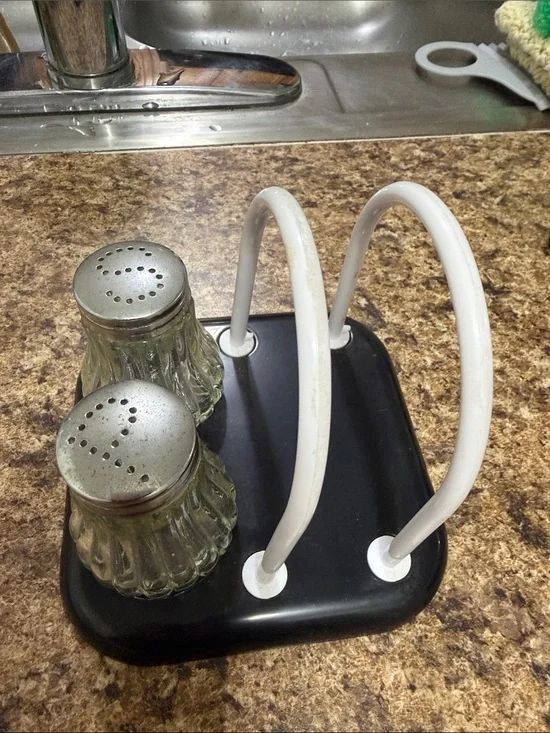 White and Black Metal Napkin Holder with Glass Salt & Pepper Shakers
