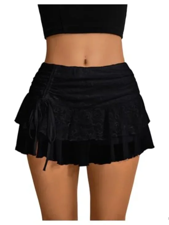 Y2K Lace Ruffle Mini Skirt Skort with Shorts High Waist Layered Boho