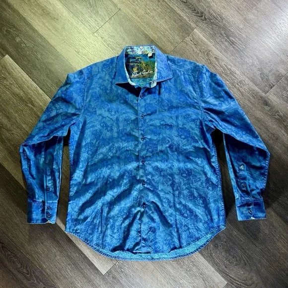ROBERT GRAHAM Artisan Blue Stripe Embroidered Button Down‎ Sport Shirt Large
