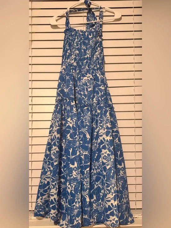 Blue and White Floral Halter Maxi for Women