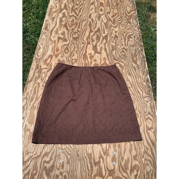 Women's Tailor B. Moss A-Line Embroidered Skirt Size 12 Brown Cotton Summer‎