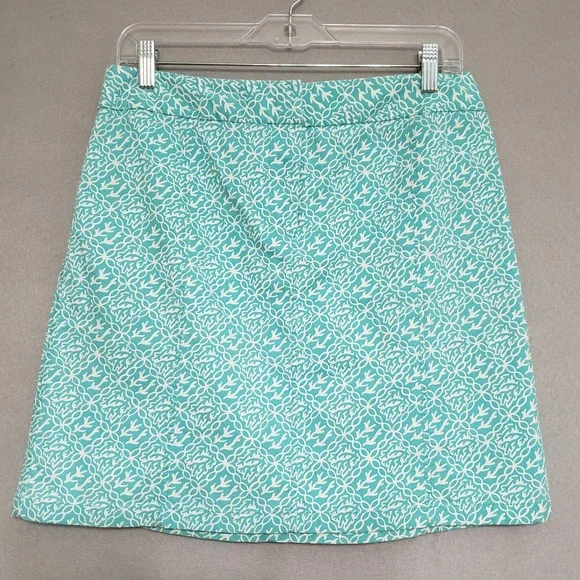 Ann Taylor 8 Skirt Teal White Coral Geometric A-Line Mini Stretch Coastal Preppy
