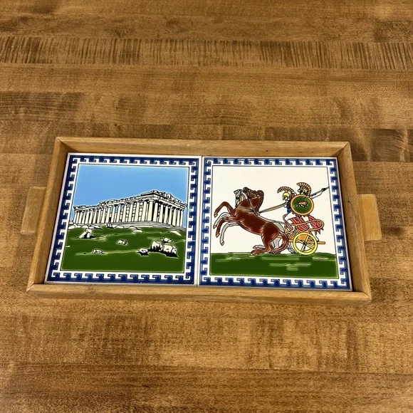 Vintage Greek Ceramic Tile‎ Art Trivet w/ Wood Frame Wooden Tray