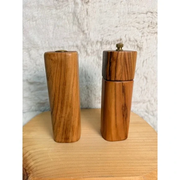 Olive Wood Salt Shaker and Pepper Mill Set Brass Hardware Handcrafted Woodware