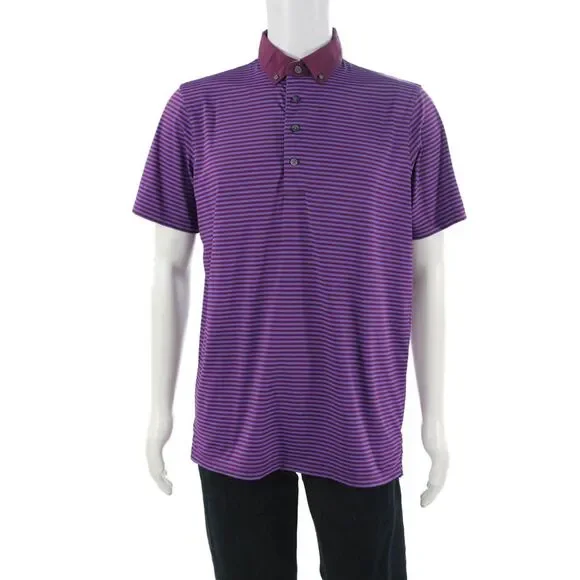 Greyson Mens Polo Button-Down Purple Striped Collared Short Sleeve Size M