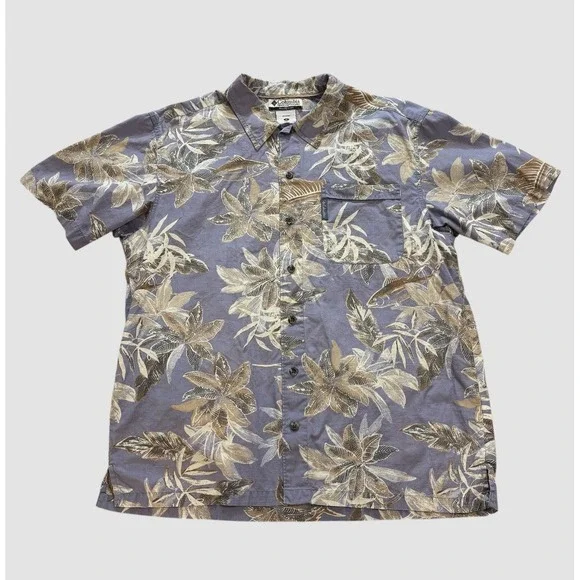 Columbia‎ Men's Medium Hawaiian Shirt 100% Cotton Palm Trees Fish Lavender Blue