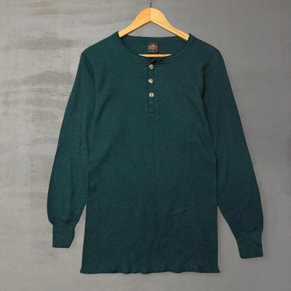 Vintage Greatland Thermal Henley Shirt Green‎ Waffle Knit Long Sleeve Large