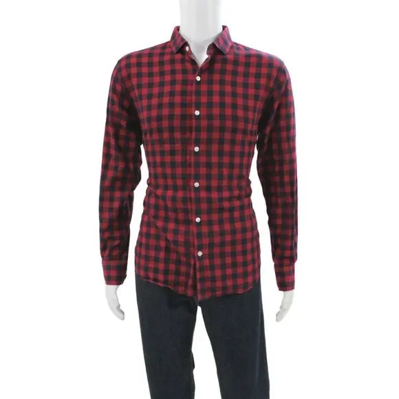 Bonobos Mens Plaid Slim Fit Button Down Shirt Navy Blue Red Size Large