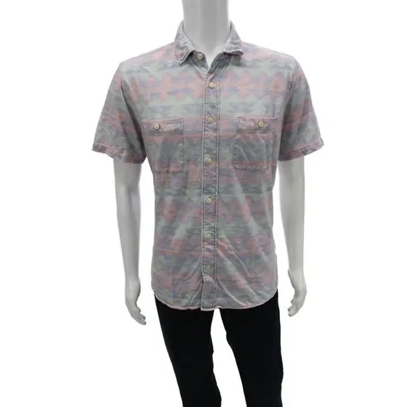 Faherty Mens Button-Down Light Blue Aztec Cotton Short Sleeve Shirt Size L