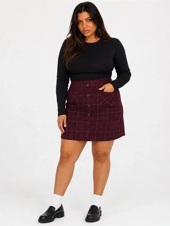TORRID Mini Corduroy Button-Front Plaid Mini Skirt in Burgundy