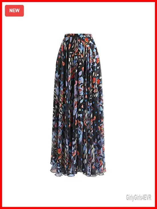 Chiffon Floral Maxi Skirt High Waist Pleated Ruffled Lined Elastic Waist