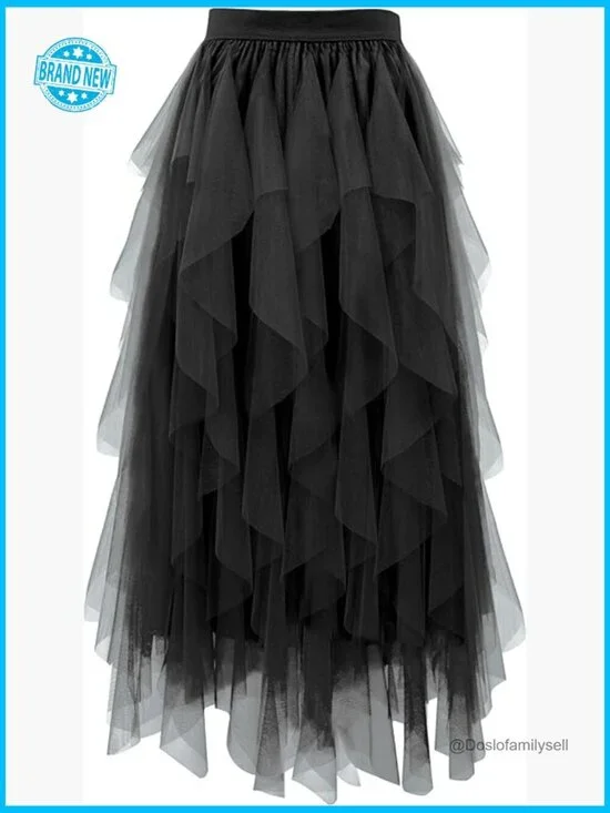 Tiered Tulle A-Line Midi Skirt Flowy Fairy Layered Elastic Waist