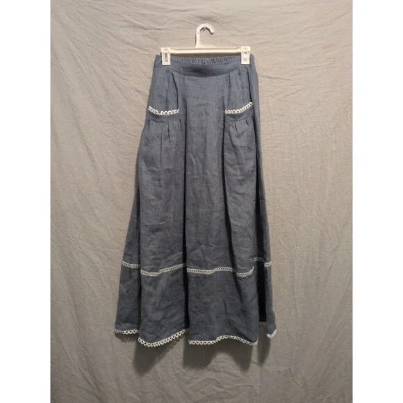 Lintico Fenla Linen Skirt Small Womens Haze Blue Lace Trim Pocket Cottagecore