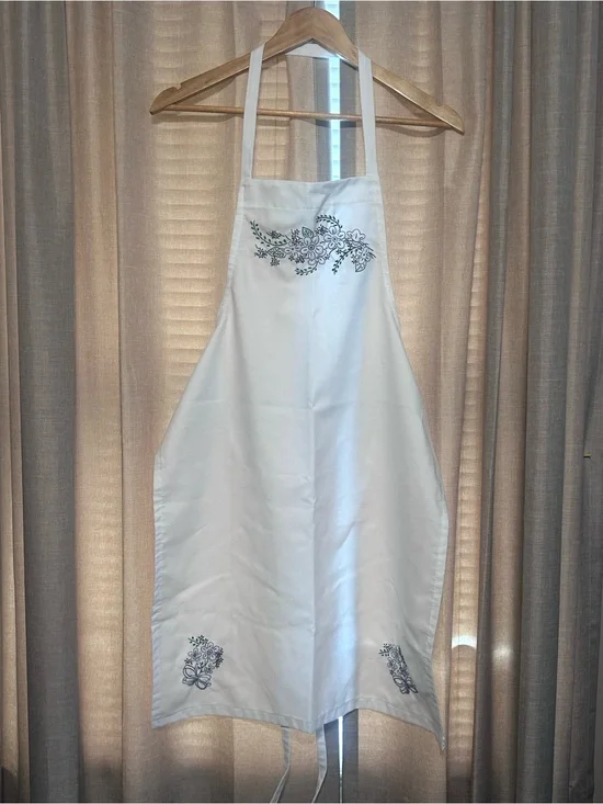 Embroidered White Kitchen Apron with Floral Accents
