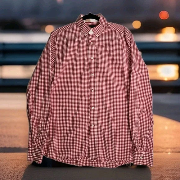 H&M Red and White Plaid dress‎ shirt button down long sleeve SZ: LARGE EUC